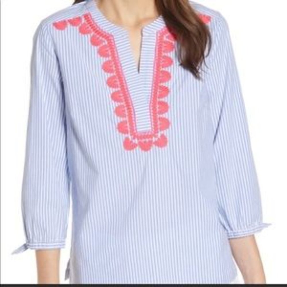Vineyard Vines Womens Savannah Popover Medium M Striped Embroidered Blue Pink